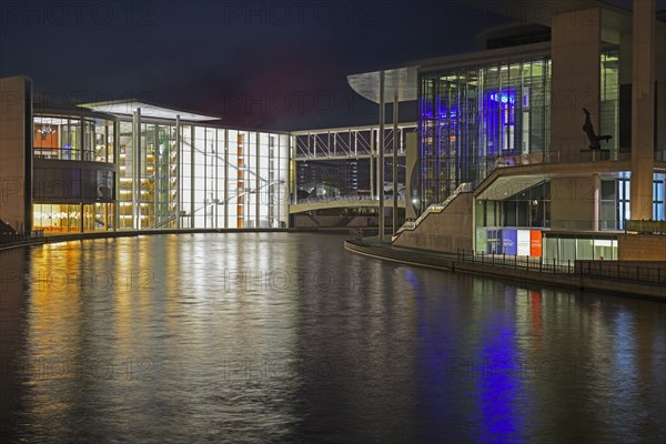 Spree side of the Paul Loebe House and Marie Elisabeth Lueders House on the right in the evening