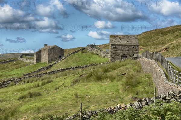 View of dry stone walls and stone barns beside the road