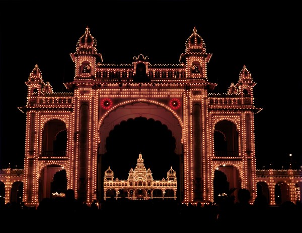 Illuminated Mysore palace in Mysuru