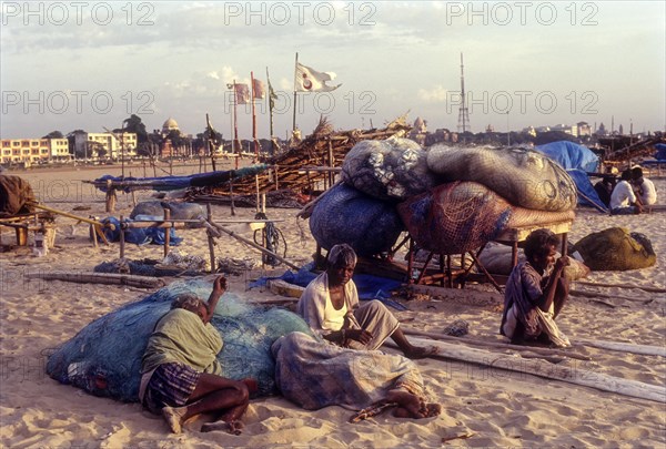 Fishermen resting the Marina beach in Chennai