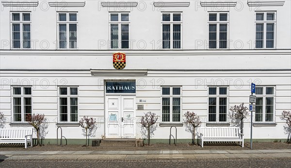 The town hall in the classicist architectural style in Putbus on the island of Ruegen