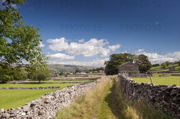 Lane in farmland with dry stone walls and stone barns