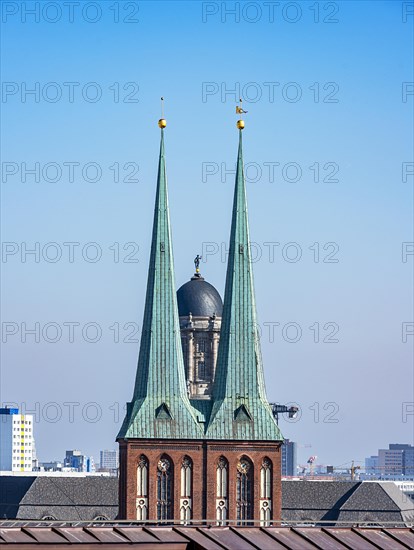 View from the roof terrace of the Stadtschloss to the towers of the Nikolaikirche and the old town house in Klosterstrasse