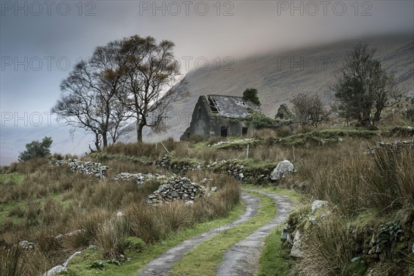 View of drystone walls and abandoned farmhouse