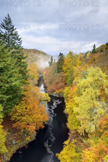 View of river flowing through mixed woodland in autumn colours