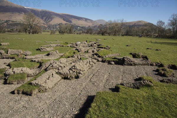 Earthen grassland peeled back by field flooding