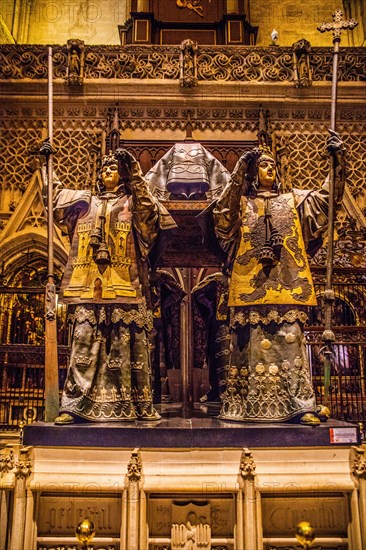 Mausoleum of Christopher Columbus with four pallbearers representing the Spanish kingdoms of Aragon