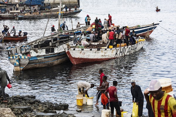 Fischer und Fischhaendler am Fischereihafen