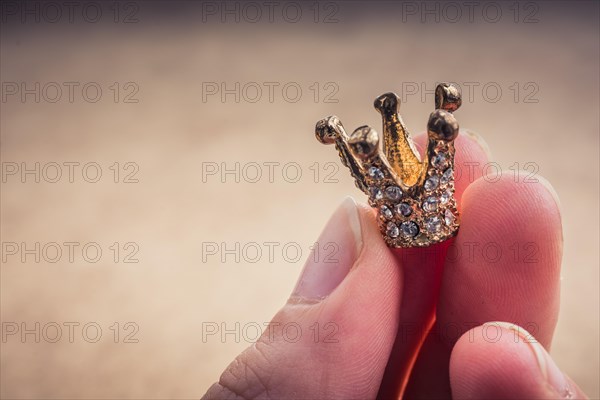 Hand holding a little model crown in hand
