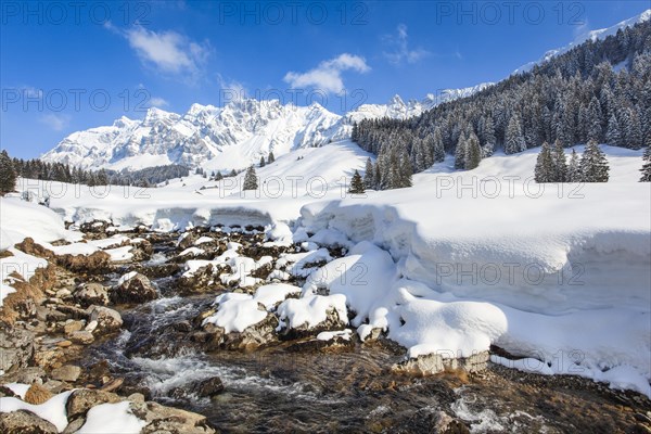 Aussicht von Lutertannen mit Bachlauf Luteren im Vordergrund und dem tief veschneite Alpsteinmassiv mit Saentis im Hintergrund