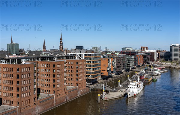 View of the Michel and Sandtorhafen harbour from the Elbe Philharmonic Hall concert hall in Hafencity