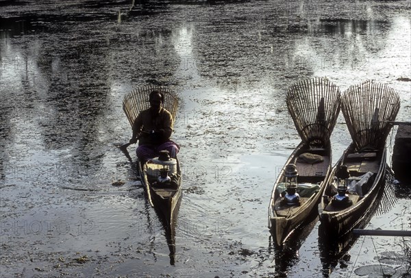 Fisherman with bamboo fishing baskets fishing in the backwater of Kuttanad