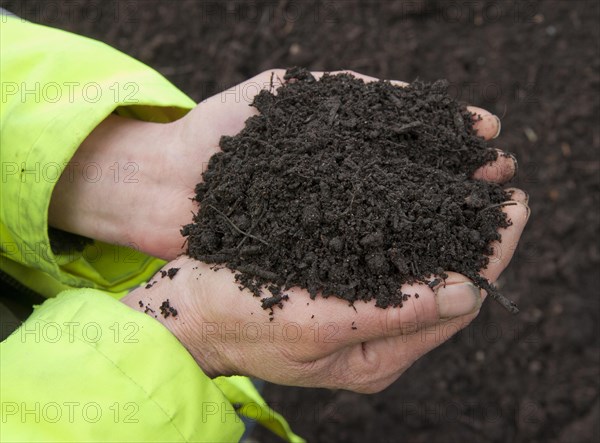 Close-up of hands holding green compost waste at municipal waste site