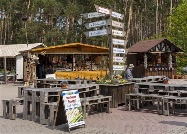 Market stalls and sales booths on the grounds of the asparagus farm in Klaistow