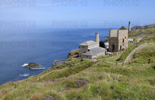 View of coastal tin mine buildings