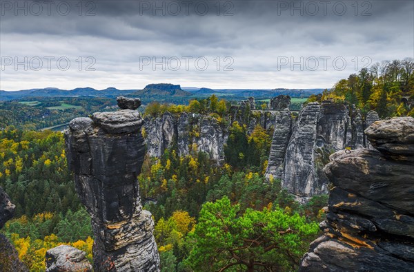 View from the rock Grosse Gans towards the Bastei with rock Wehlnadel