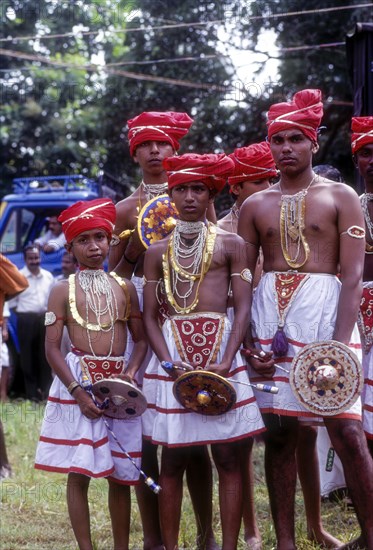 Velakali martial dancers in Athachamayam celebration in Thripunithura during Onam near Ernakulam
