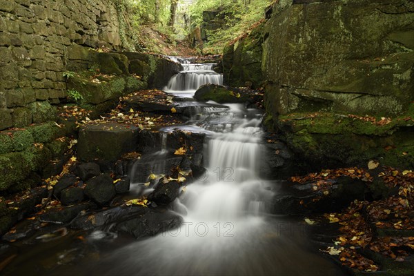 Cascading river and wall of mill ruins