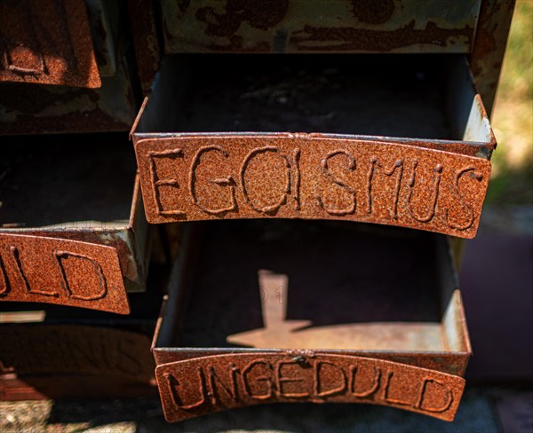 Display of rusty drawers on the Ferropolis art trail in Graefenhainichen