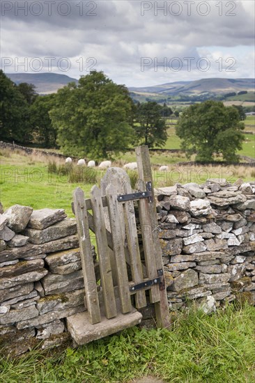 Stiles and gate in dry stone wall on public footpath