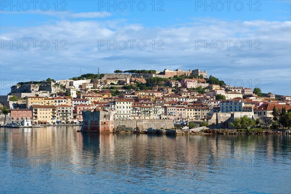 View from the harbour entrance to Portoferraio with Zitdelle Forte Falcone and fortress tower