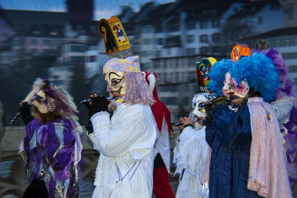 Dressed-up musicians at the Morgenstraich