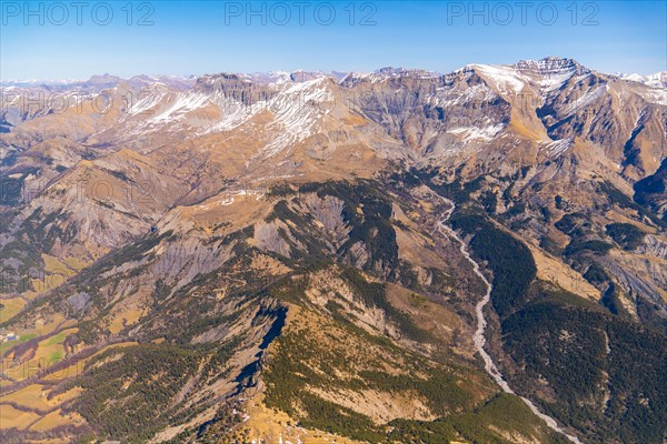 Aerial view of the crash site of Germanwings Flight 9525 in the middle of the picture