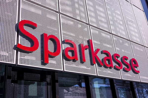 Lettering of a savings bank on a building in Erding