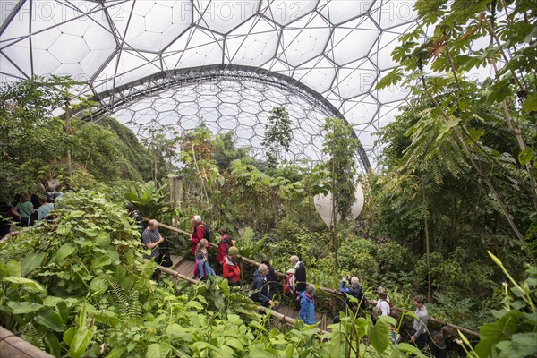 Tourists inside humid rainforest biome