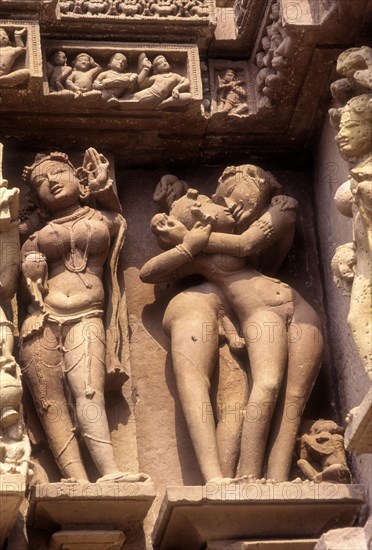 Erotic sculptures on south-west side in Lakshmana temple of the western group of temples in the Khajuraho complex