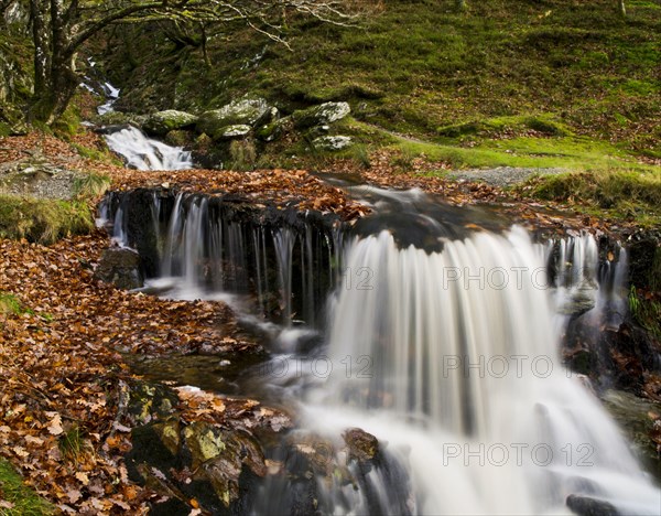 Waterfalls on the Nant Dolfolau stream cascade down the slope into Garreg Ddu reservoir