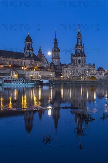 City view at blue hour with reflection in the Elbe and Staendehaus