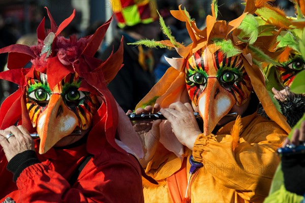 Dressed-up musicians at the Morgenstraich