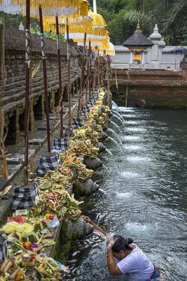 Balinese woman bathing in the holy waters of Tirta Empul temple in Bali