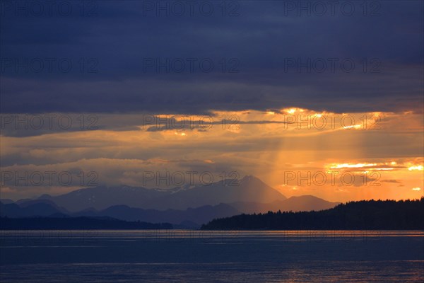 View of coastline and temperate coastal rainforest with sunbeams at sunrise
