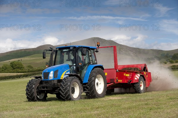 Tractor with manure spreader spreading chicken manure mixed with lime on freshly harvested meadow