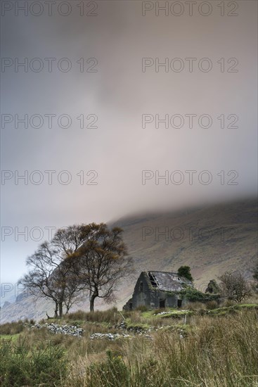 View of drystone walls and abandoned farmhouse