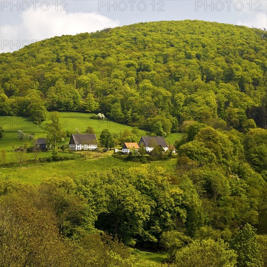 Wide view of the landscape in Nachrodt with the river Lenne