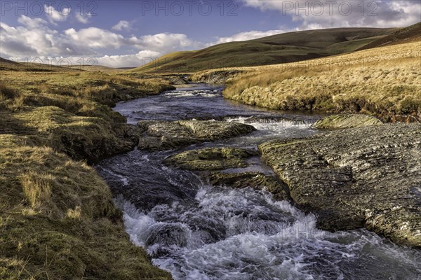 View of river flowing through moorland habitat