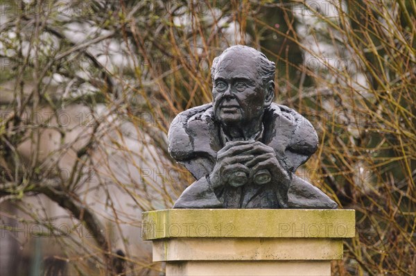 Bust of Sir Peter Scott wet from the rain