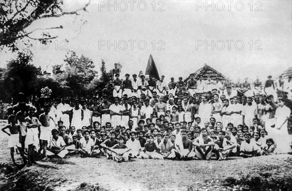 Photography taken in the occassion of the temple entry celebrations of the Thottappally Vishnu temple at Eramalloor near Alappuzha in 1946. The Kerala Chief Minister late K. Karunakaran Virupakshan Namboothiri