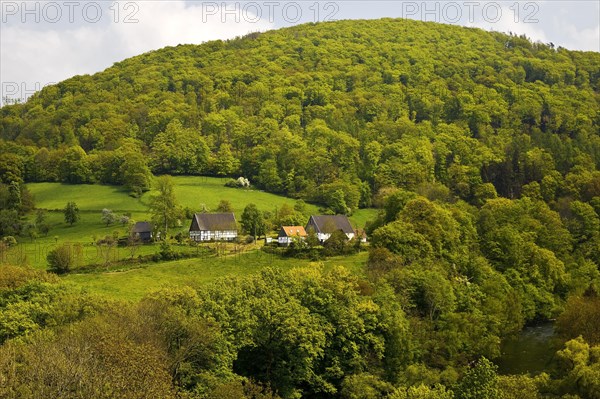 Wide view of the landscape in Nachrodt with the river Lenne