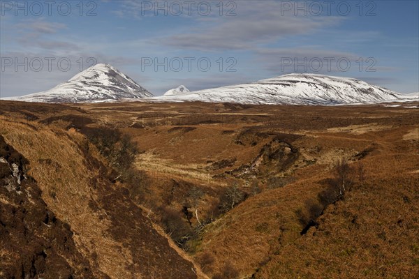 View of moorland habitat and snow covered mountain peaks