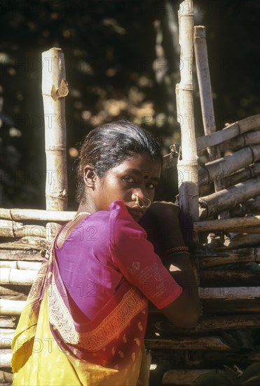 A tribal girl wearing so many nose rings at Sunkarametta in Araku Valley near Visakhapatnam