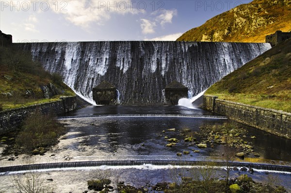 View of dam and reservoir spillway