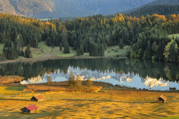 Karwendel Mountains reflected at sunset in Geroldsee