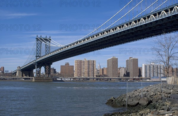 View of suspension bridge and saltwater tidal strait