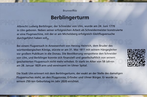 Information board at the Berblinger Tower in honour of the tailor of Ulm