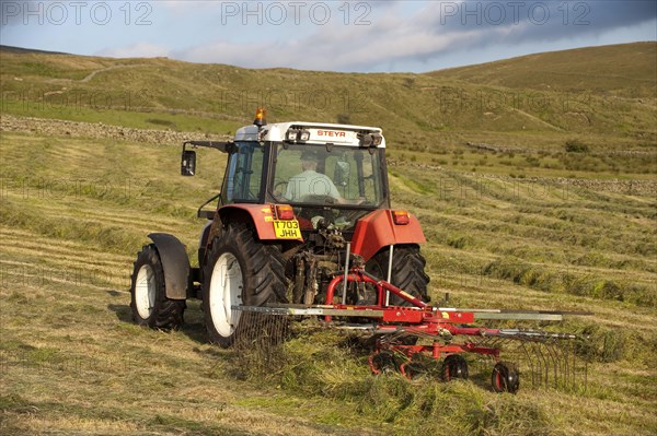 Styer 9078 Tractor rowing up grass on a hill farm to make big bale silage