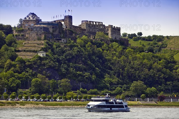 Rheinfels Castle with passenger ship on the Rhine